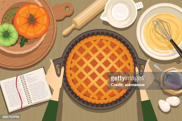 ilustraciones, imágenes clip art, dibujos animados e iconos de stock de tarta de calabaza - thanksgiving holiday