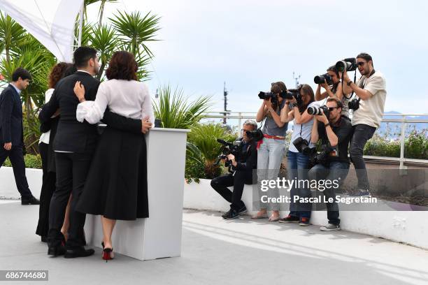 Actresses Aure Atika, Hania Amar, Nadia Kaci and director Karim Moussaoui attend "Waiting For Swallows " photocall during the 70th annual Cannes Film...