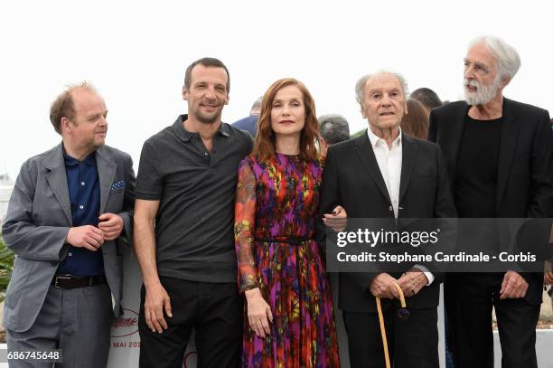 Toby Jones, Mathieu Kassovitz, Isabelle Huppert, Jean-Louis Trintignant and director Michael Haneke attend the "Happy End" photocall during the 70th...