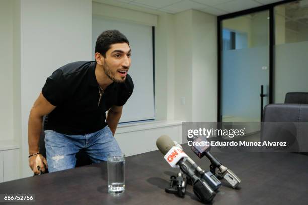 Turkish NBA Player Enes Kanter speaks to media during a news conference about his detention at a Romanian airport on May 22, 2017 in New York City....