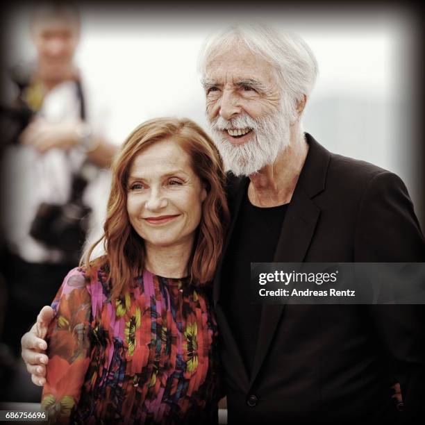 Actress Isabelle Huppert and director Michael Haneke attend the 'Happy End' photocall during the 70th annual Cannes Film Festival on May 22, 2017 in...