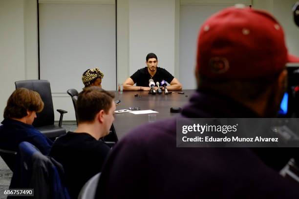 Turkish NBA Player Enes Kanter speaks to the media during a news conference about his detention at a Romanian airport on May 22, 2017 in New York...