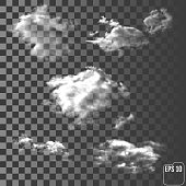Clouds. Realistic transparent different cloud. Wonderful realistic thundercloud on the transparent background. Vector illustration