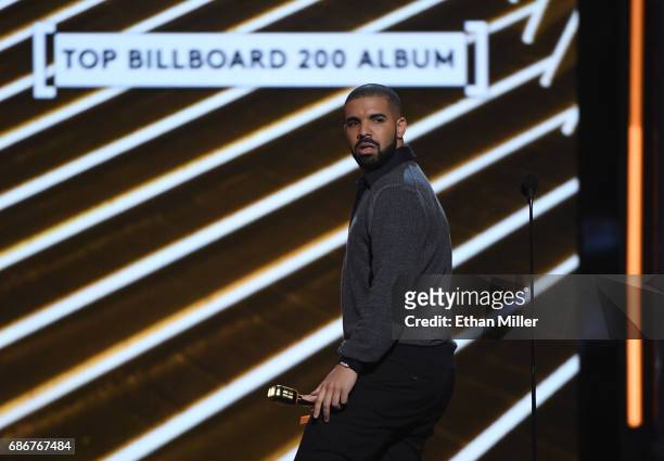 Recording artist Drake accepts the Top Billboard 200 Album award for "Views" during the 2017 Billboard Music Awards at T-Mobile Arena on May 21, 2017...