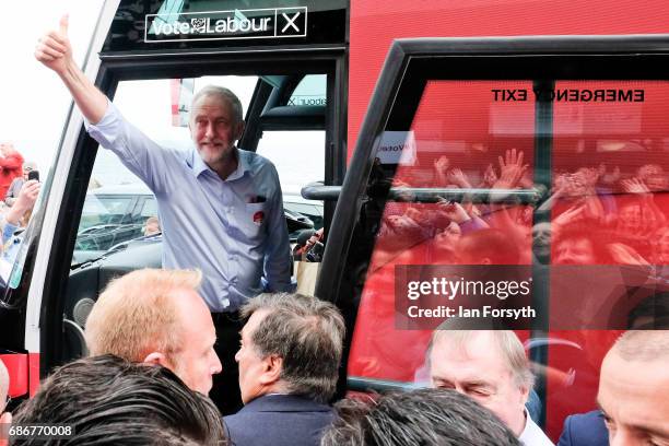 Labour Leader Jeremy Corbyn leaves on the ampaign bus after speaking to supporters during a visit to the Spa buildings on Scarborough seafront as he...