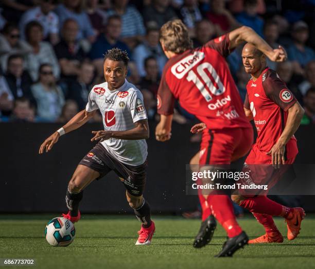 Chidiebere Chijioke Nwakali of Sogndal, Jakob Erik Orlov of Brann during Eliteserie Match between Sogndal v Brann at Fosshaugane Campus on May 20,...