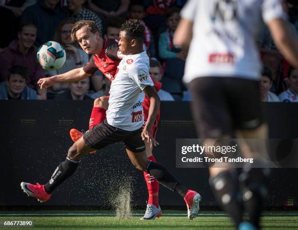 Fredrik Haugen of Brann, Chidiebere Chijioke Nwakali of Sogndal during Eliteserie Match between Sogndal v Brann at Fosshaugane Campus on May 20, 2017...