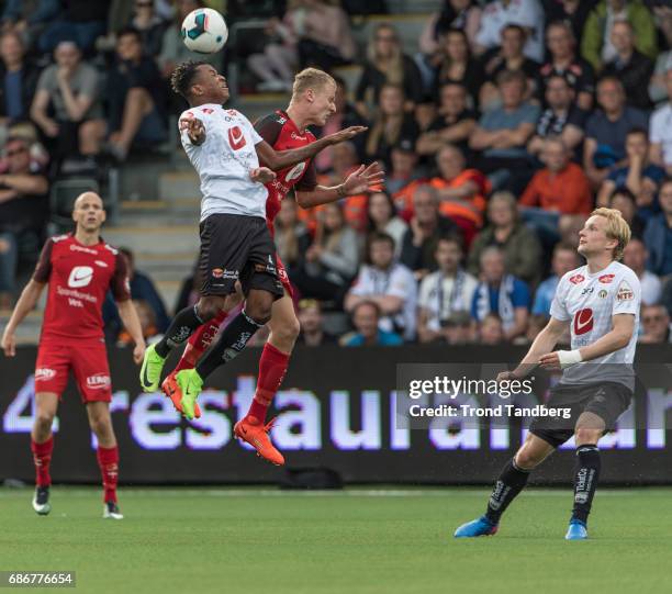 Kristoffer Ramos Barmen of Brann, Chidiebere Chijioke Nwakali of Sogndal during Eliteserie Match between Sogndal v Brann at Fosshaugane Campus on May...