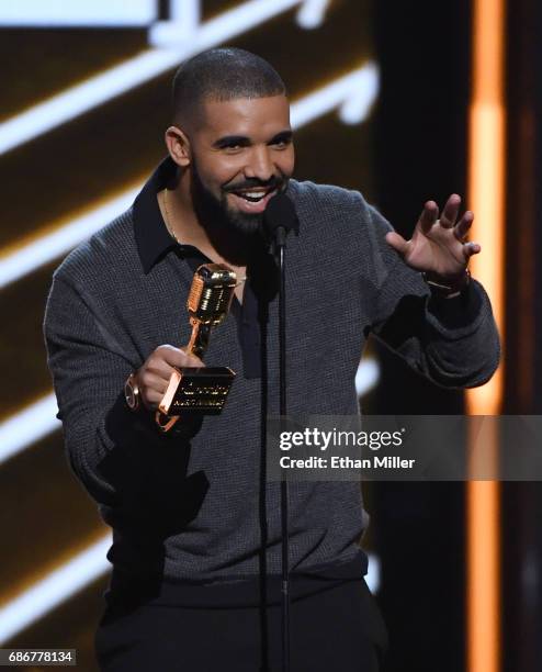 Recording artist Drake accepts the Top Billboard 200 Album award for "Views" during the 2017 Billboard Music Awards at T-Mobile Arena on May 21, 2017...