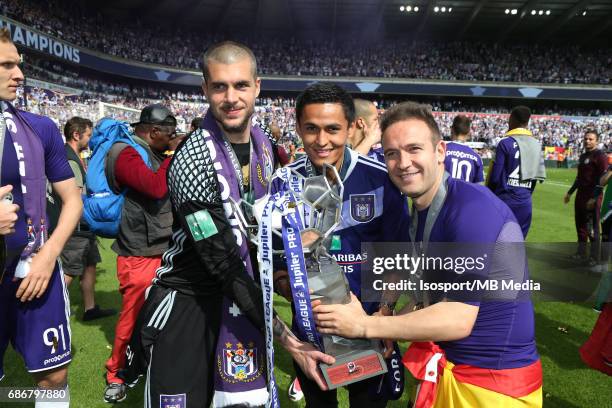 Brussels , Belgium / Rsc Anderlecht v Kv Oostende /"nRuben MARTINEZ ANDRADE - Andy NAJAR - Diego CAPEL - Vreugde Joie Celebration"nJupiler Pro League...