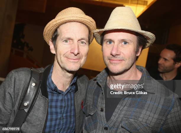 Denis O'Hare and Josh Hamilton pose at the opening night party for The New Group Theater Company's new play "Whirligig" at Social Drink and Food Club...