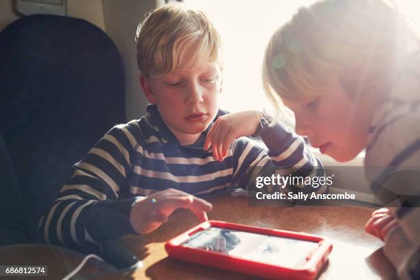 Children using a digital tablet on a train