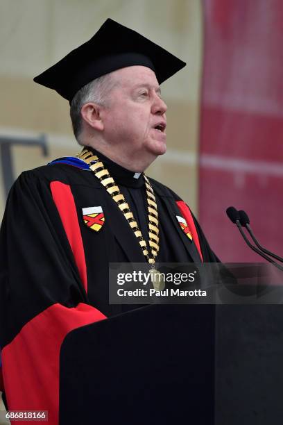 Boston College President William Leahy speaks at the Boston College 2017 141st Commencement Exercises at Boston College Alumni Stadium on May 22,...