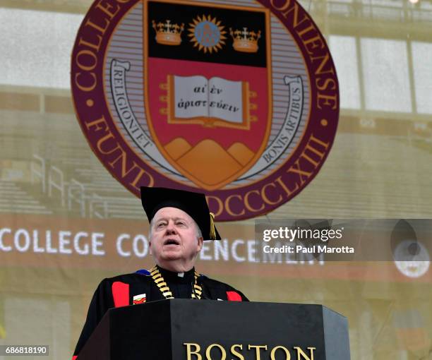 Boston College President William Leahy speaks at the Boston College 2017 141st Commencement Exercises at Boston College Alumni Stadium on May 22,...