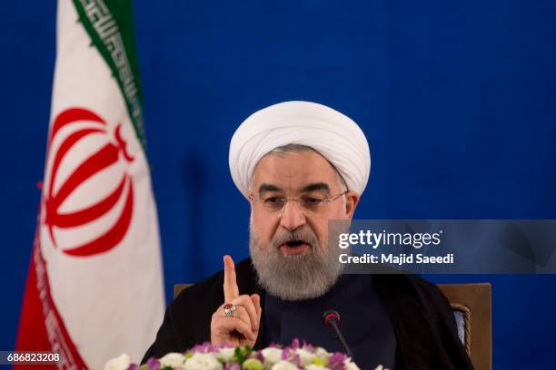 Iranian President Hassan Rouhani gives a press conference on May 22, 2017 in Tehran, Iran. Responding to criticism of the Islamic Republic from U.S....