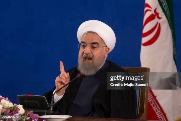 Iranian President Hassan Rouhani gives a press conference on May 22, 2017 in Tehran, Iran. Responding to criticism of the Islamic Republic from U.S....