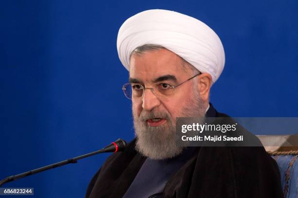 Iranian President Hassan Rouhani gives a press conference on May 22, 2017 in Tehran, Iran. Responding to criticism of the Islamic Republic from U.S....