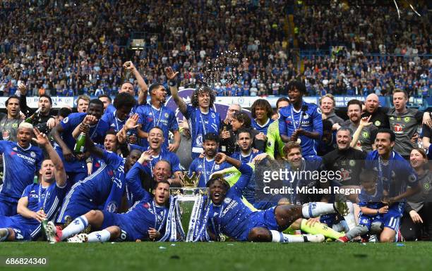 Chelsea poses with the Premier League Trophy after the Premier League match between Chelsea and Sunderland at Stamford Bridge on May 21, 2017 in...