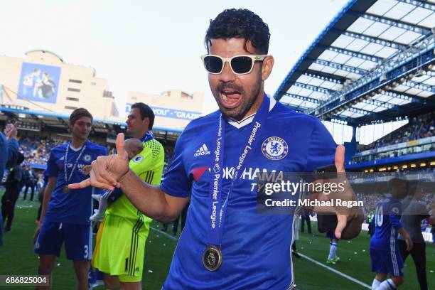 Diego Costa of Chelsea poses after the Premier League match between Chelsea and Sunderland at Stamford Bridge on May 21, 2017 in London, England.