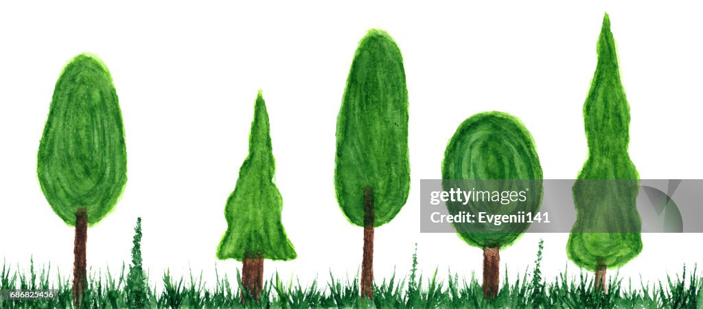 Dibujos Animados De Árboles Verdes En Pasto En Acuarela Ilustración de  stock - Getty Images