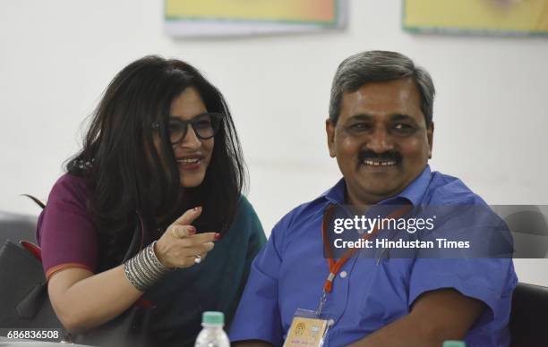 Shazia Ilmi with Satish Upadhyay during Delhi Pradesh BJP Executive Meeting at Delhi BJP Headquarter Pant Marg on May 22, 2017 in New Delhi, India.