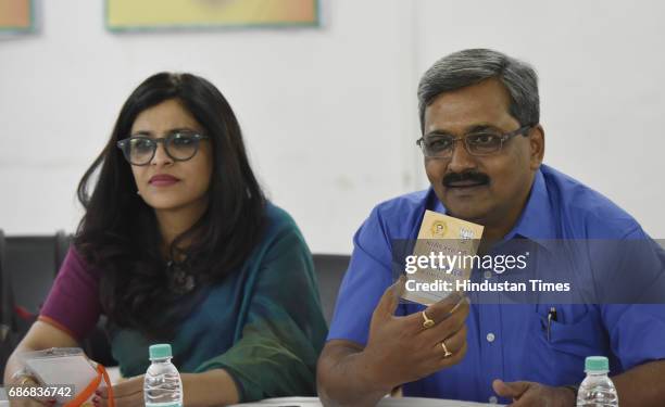 Shazia Ilmi with Satish Upadhyay during Delhi Pradesh BJP Executive Meeting at Delhi BJP Headquarter Pant Marg on May 22, 2017 in New Delhi, India.