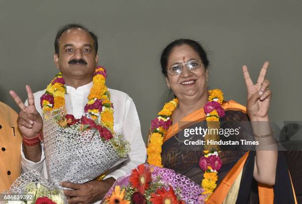 The Newly elected Mayor of East Delhi Municipal Corporation Neema Bhagat and Deputy Mayor Bipin Bihari Singh after the election at Udyog Sadan,...