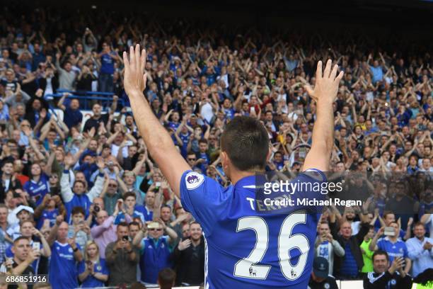 John Terry of Chelsea salutes the crowd after the Premier League match between Chelsea and Sunderland at Stamford Bridge on May 21, 2017 in London,...