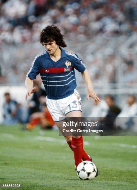 France winger Didier Six in action during the 1984 European Championships semi final against Portugal at Stade Velodrome on June 23, 1984 in...