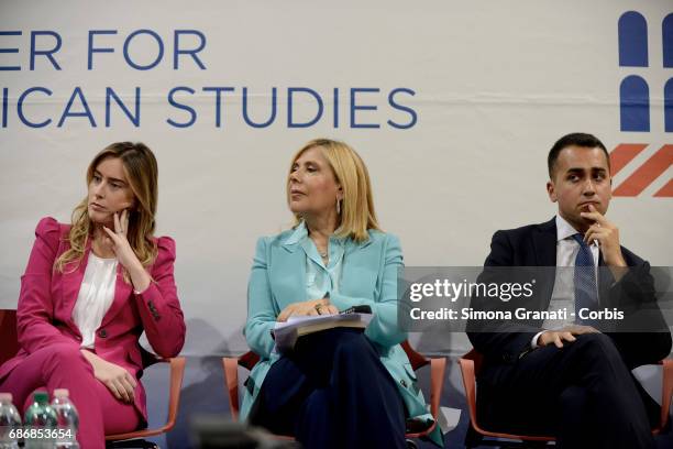 Maria Elena Boschi, Undersecretary of the Presidency of the Council, Maria Latella and Luigi Di Maio, of the 5 Star Movement during the presentation...