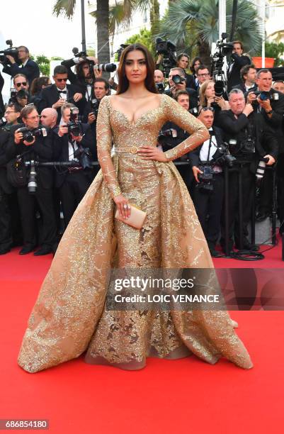 Indian actress Sonam Kapoor poses as she arrives on May 22, 2017 for the screening of the film 'The Killing of a Sacred Deer' at the 70th edition of...