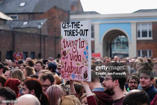 Thousands of supporters attend a speech by Labour Leader Jeremy Corbyn during a visit to the Zebedee's Yard events space as he campaigns for the...