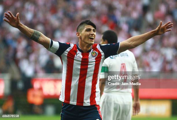 Alan Pulido of Chivas celebrates after the semi final second leg match between Chivas and Toluca as part of the Torneo Clausura 2017 Liga MX at...