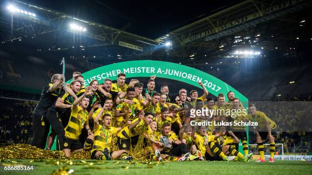 Team of Dortmund celebrate their win of the U19 German Championship Final after the match between Borussia Dortmund and FC Bayern Muenchen on May 22,...