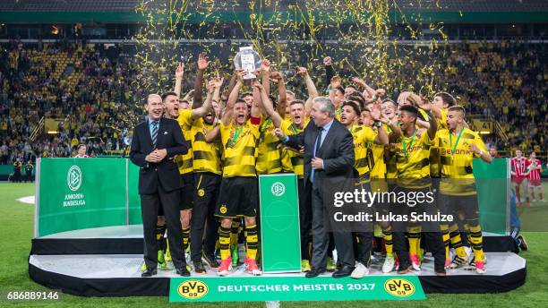 Team of Dortmund celebrate their win of the U19 German Championship Final after the match between Borussia Dortmund and FC Bayern Muenchen on May 22,...