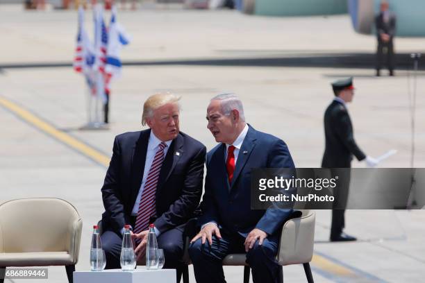 President Donald Trump and Israel's Prime Minister Benjamin Netanyahu speak during a welcoming ceremony upon US president Trump's arrival at Ben...