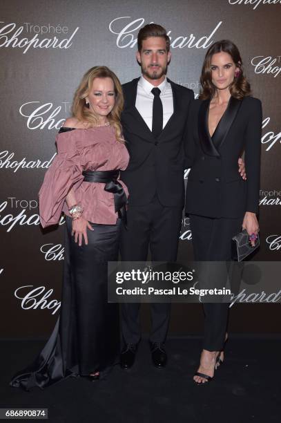 Co-President of Chopard Caroline Scheufele, Kevin Trapp and Izabel Goulart attend the Chopard Trophy photocall at Hotel Martinez on May 22, 2017 in