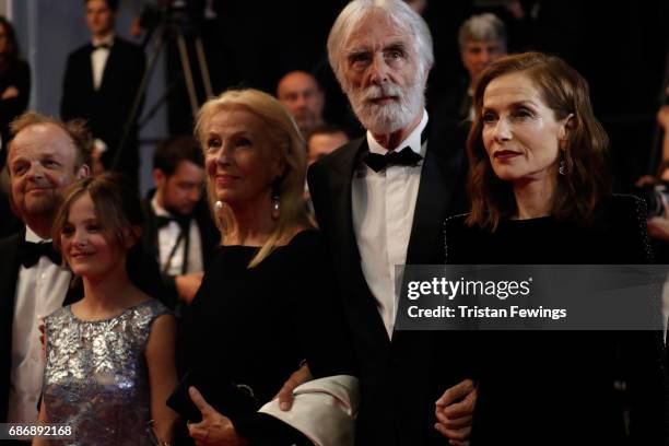 Toby Jones, Fantine Harduin, Susi Haneke, Michael Haneke and Isabelle Huppert attend the "Happy End" screening during the 70th annual Cannes Film...