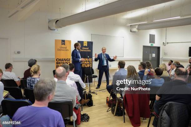 Libreal Democrat leader, Tim Farron attends a Q&amp;A session in Oval, south London. Mr Farron was confronted by members of the Labour party who...