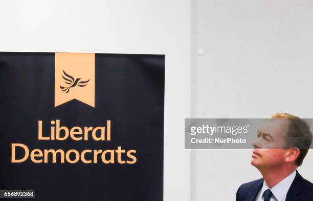Libreal Democrat leader, Tim Farron attends a Q&amp;A session in Oval, south London. Mr Farron was confronted by members of the Labour party who...