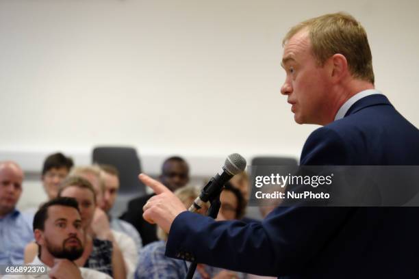 Libreal Democrat leader, Tim Farron attends a Q&amp;A session in Oval, south London. Mr Farron was confronted by members of the Labour party who...