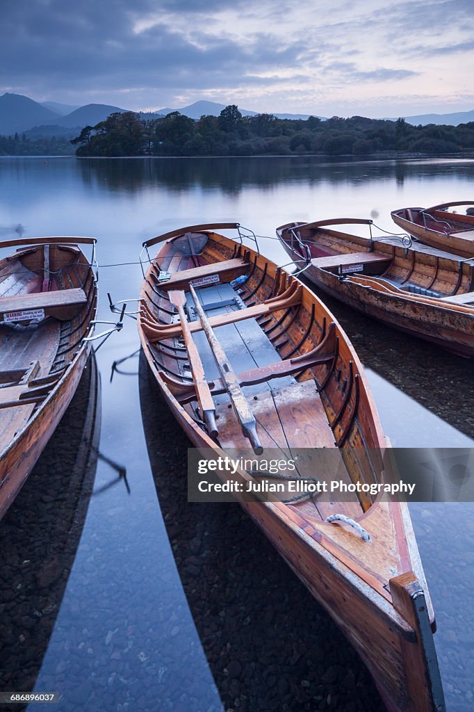 Boats on the shore of Derwent Water.