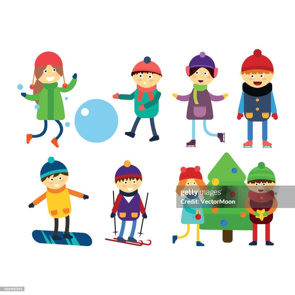 Navidad Niños Jugando Juegos De Invierno De Esquí Trineo Dibujos Animados  Año Nuevo Vacaciones De Invierno Personajes Vector Ilustración Ilustración  de stock - Getty Images