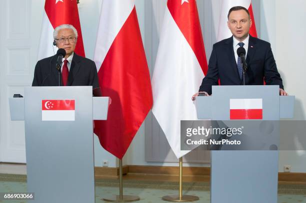 Polish President Andrzej Duda and President of Singapore Tony Tan Keng Yam during media statements, after Singapore President visit in Poland. 22 May...