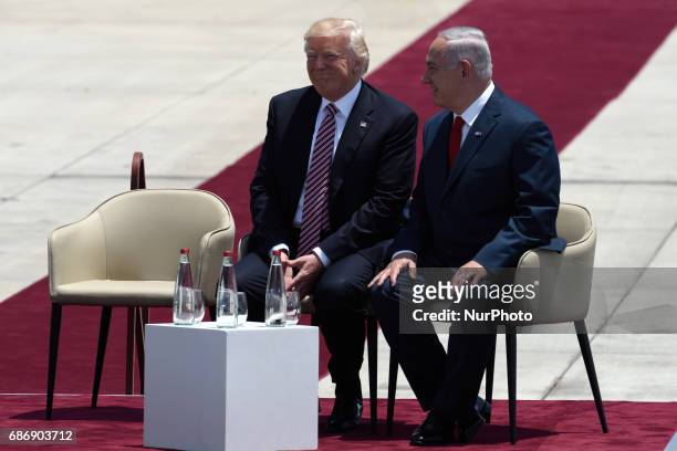 President Donald Trump and Prime Minister Benjamin Netanyahu during an official welcoming ceremony on his arrival at Ben Gurion International Airport...