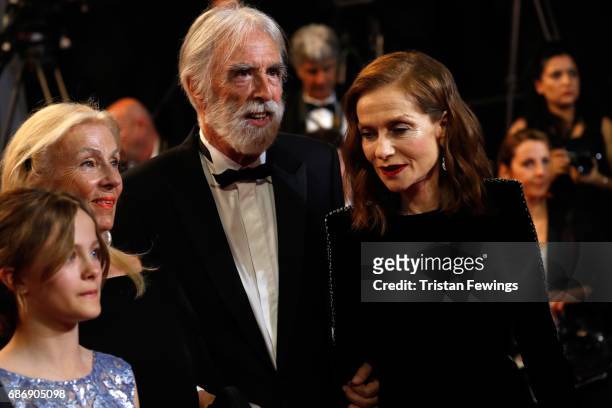 Fantine Harduin, Susi Haneke, director Michael Haneke and Isabelle Huppart attends the "Happy End" screening during the 70th annual Cannes Film...