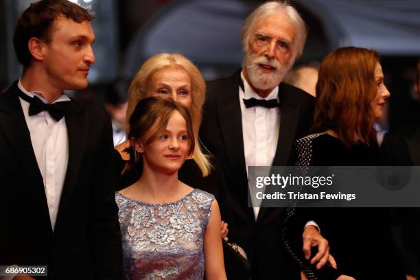 Franz Rogowski, Fantine Harduin, Susi Haneke, Michael Haneke and Isabelle Huppert attend the "Happy End" screening during the 70th annual Cannes Film...
