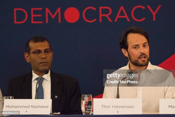 Thor Halvorssen, founder o the Oslo Freedom Forum, sitting next to the democratically elected president of the Maldives who was later deposed by a...