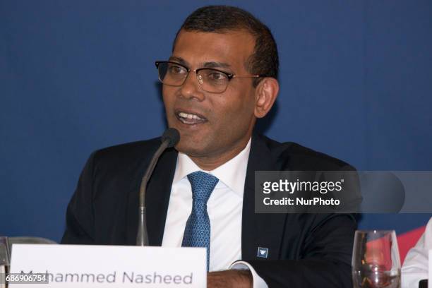 Mohammed Nasheed, the democratically elected president of the Maldives who was later deposed by a coup, speaks at the press conference of the 2017...
