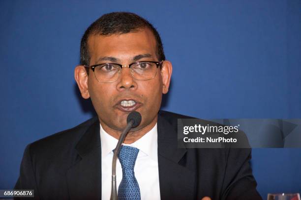 Mohammed Nasheed, the democratically elected president of the Maldives who was later deposed by a coup, speaks at the press conference of the 2017...